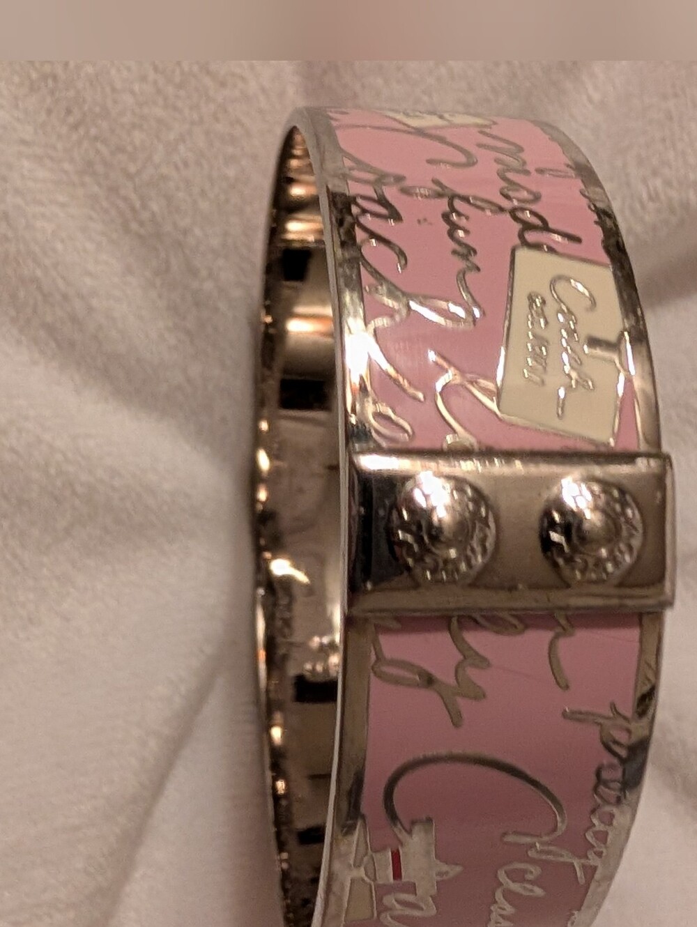 Coach Pink Script Perfume Bottle Enamel Bangle Bracelet Pink Silver Like New - Picture 12 of 13